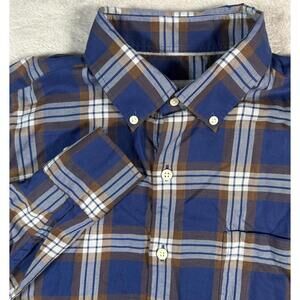 Peter Millar Button Down Shirt Mens Medium Blue Brown Plaid Soft Lightweight EUC